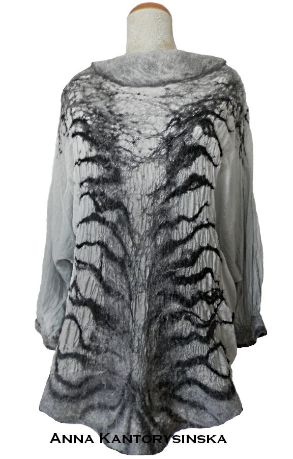 nuno felted silk tunic SHADOWS handmade art to wear, hand dyed silk, wool, silk fibers, eco fashion Kantorysinska, free shipping