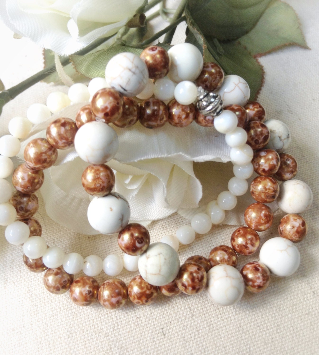 Stackable Beaded Bracelets - Golds and Cream Howlite