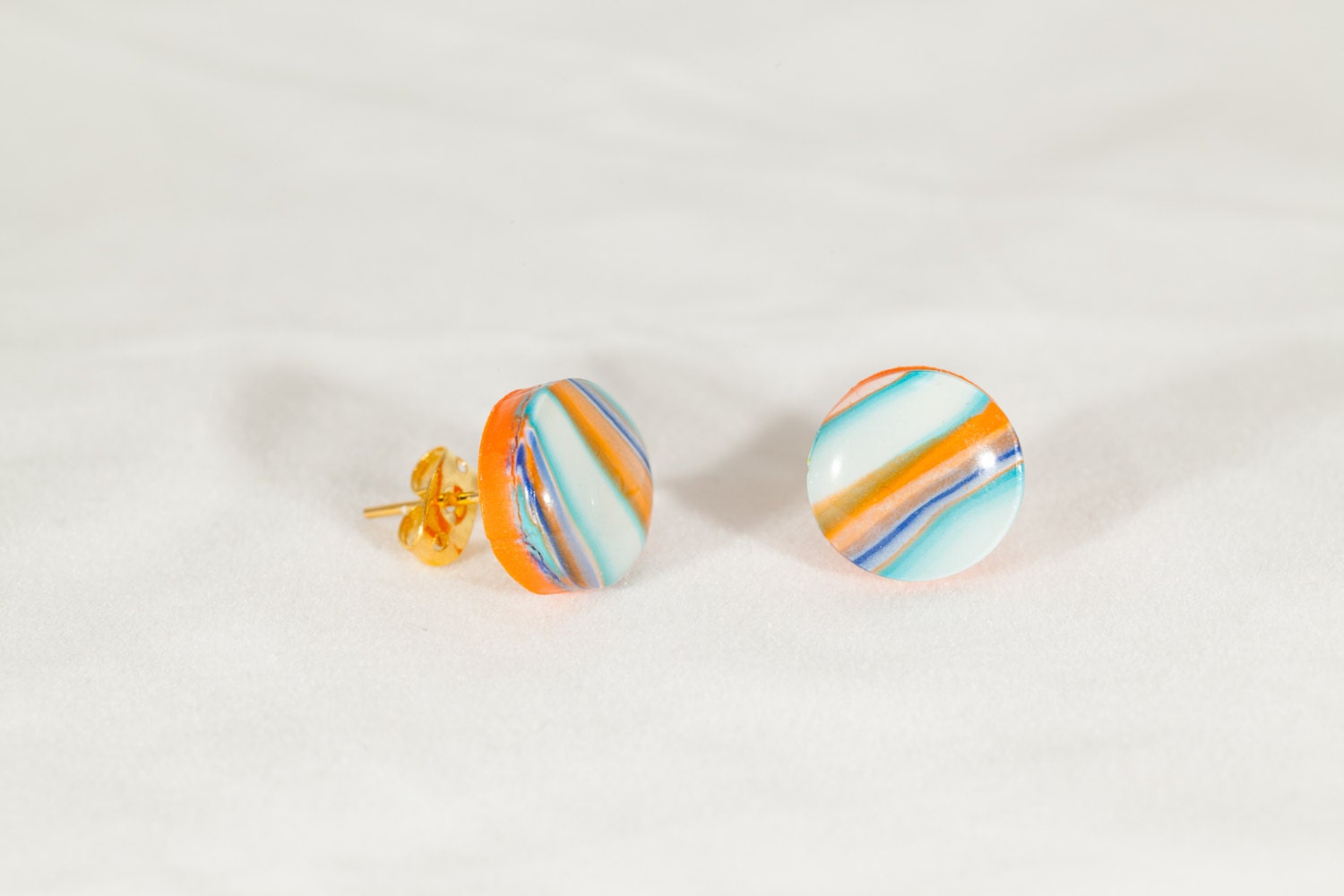 Orange turquoise earrings, handmade striped stud earrings, orange earrings, turquoise studs, polymer clay jewellery