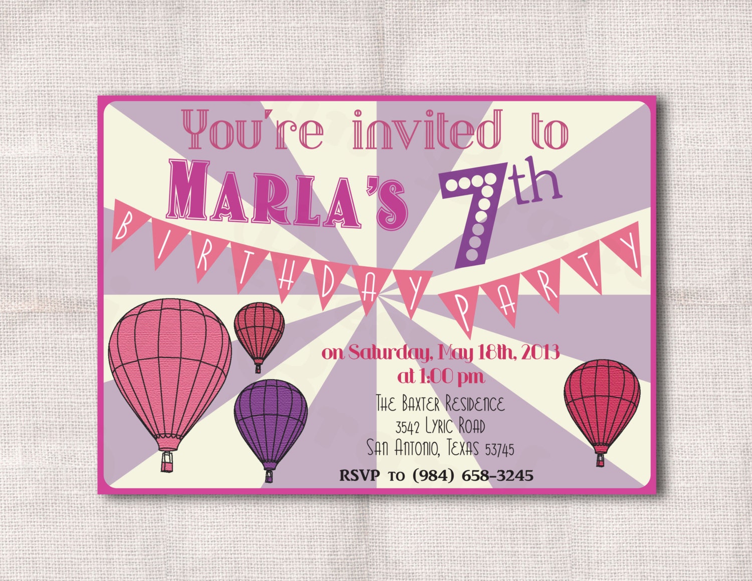 5x7 Hot Air Balloon Birthday Party Custom Printable Invitation