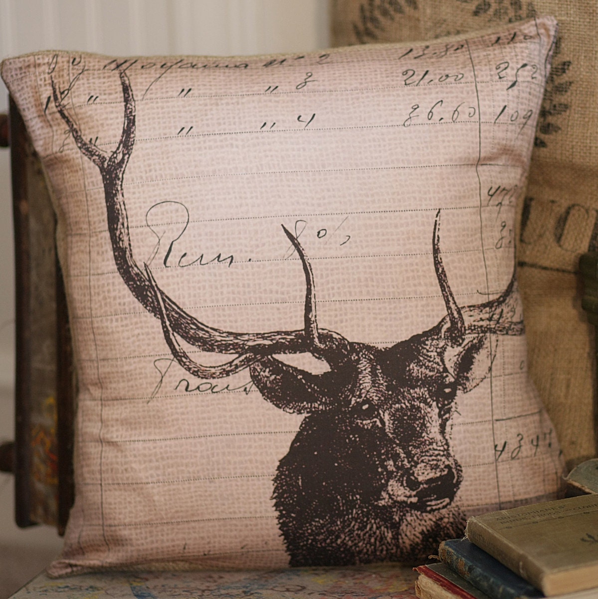 Vintage French Pillow Cabin Deer Antique Document Burlap Cotton Throw Pillow Cover - Ships FREE to US and Canada