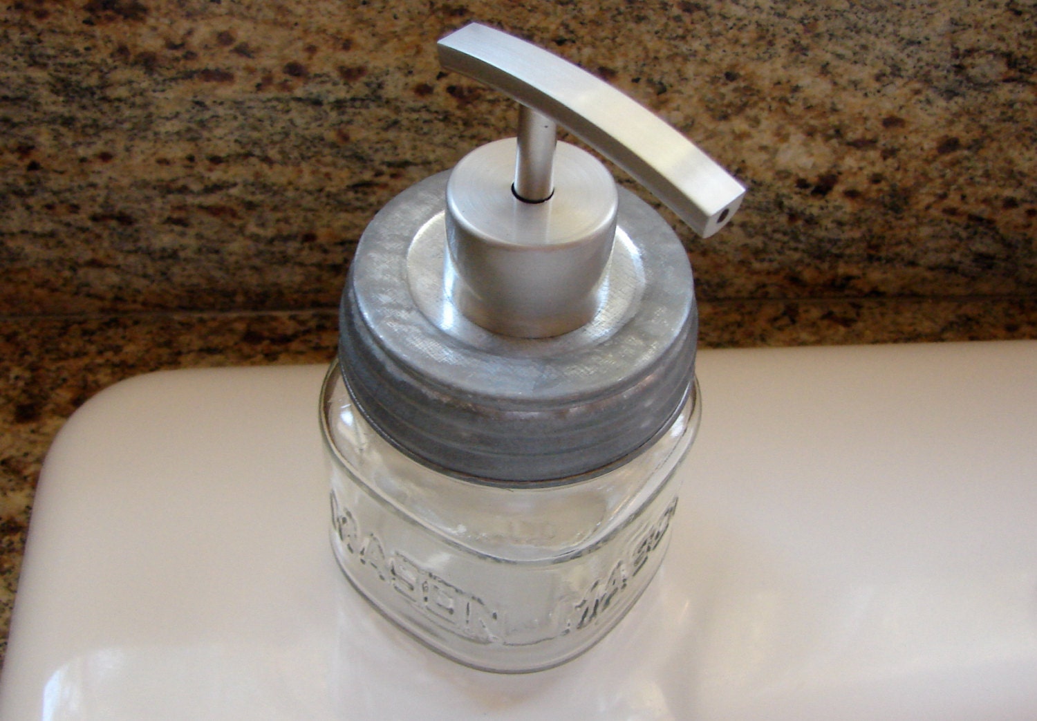 8 Ounce Square Mason Jar With Hand Made Brushed Stainless Steel Heavy Duty Pump  LId For Soap or Lotion