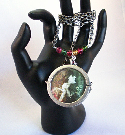 Reversible pendant necklace, genuine tourmaline beads, french girl collages,antique silver,glass locket,rollo chain