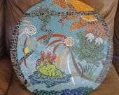 Its a Froggy frog World handmade mosaic round table top, stained glass