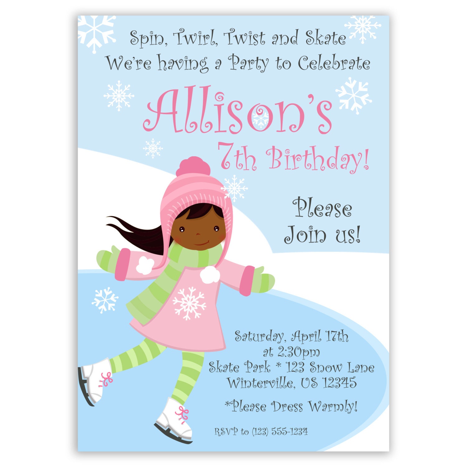 Ice Skating Invitation - Frozen Winter Pond and Snow, Cute Girl Ice Skater Personalized Birthday Party Invite - a Digital Printable File