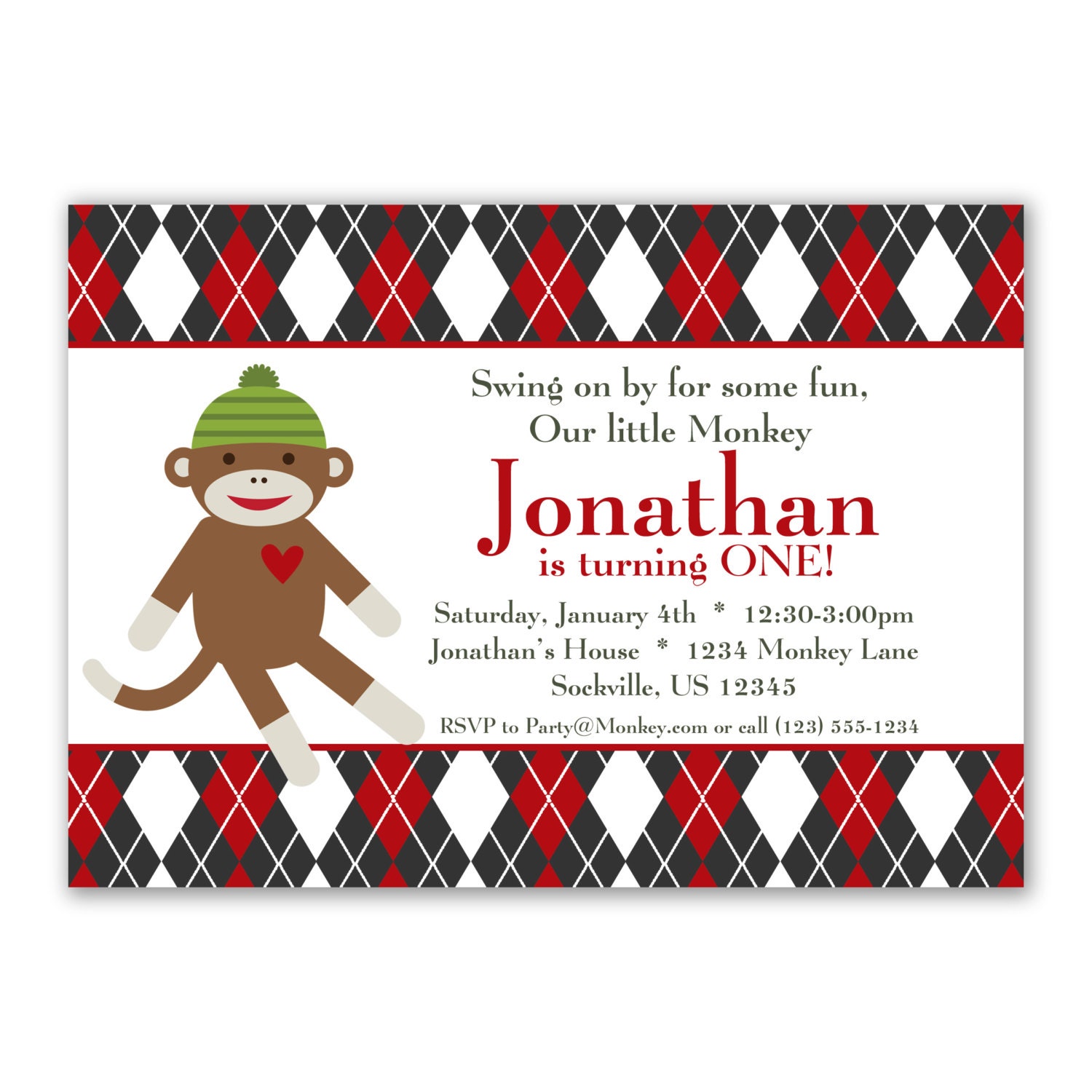 Sock Monkey Invitation - Red and Black Argyle, Cute Little Sock Monkey Doll Personalized Birthday Party Invite - a Digital Printable File