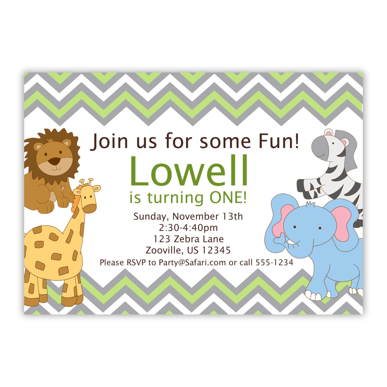 Safari Invitation - Gray and Green Chevron Stripes Jungle Animals Personalized Birthday Party Invite - a Digital Printable File