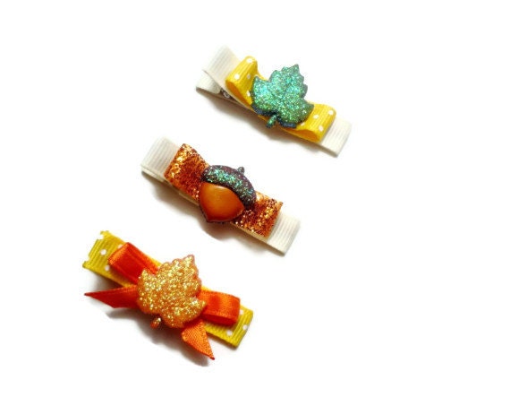 Autumn Hair Clips with Glitter Detail - Set of 3, Thanksgiving, Girls hair accessories, headband, fall, leaves, leaf, acorn, hair bow