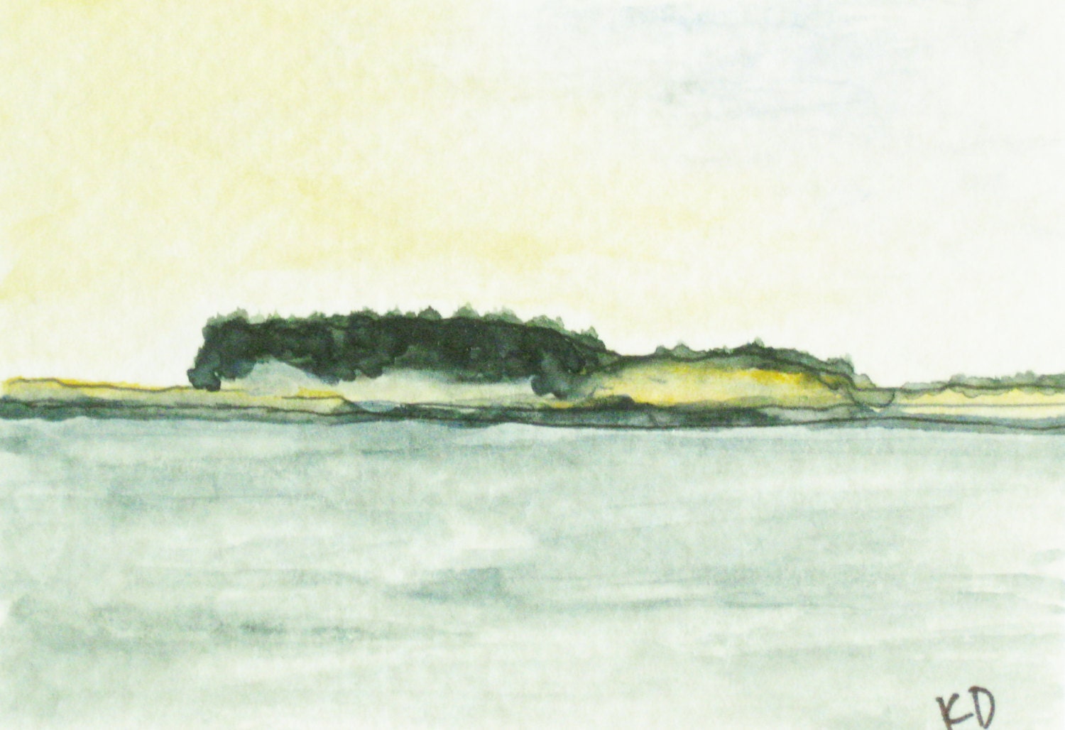 Maine Painting, Watercolor Seascape with pen & ink. ACEO."Fisherman's Island",  Pemaquid Point, Maine". Original Art  by Kathleen Daughan
