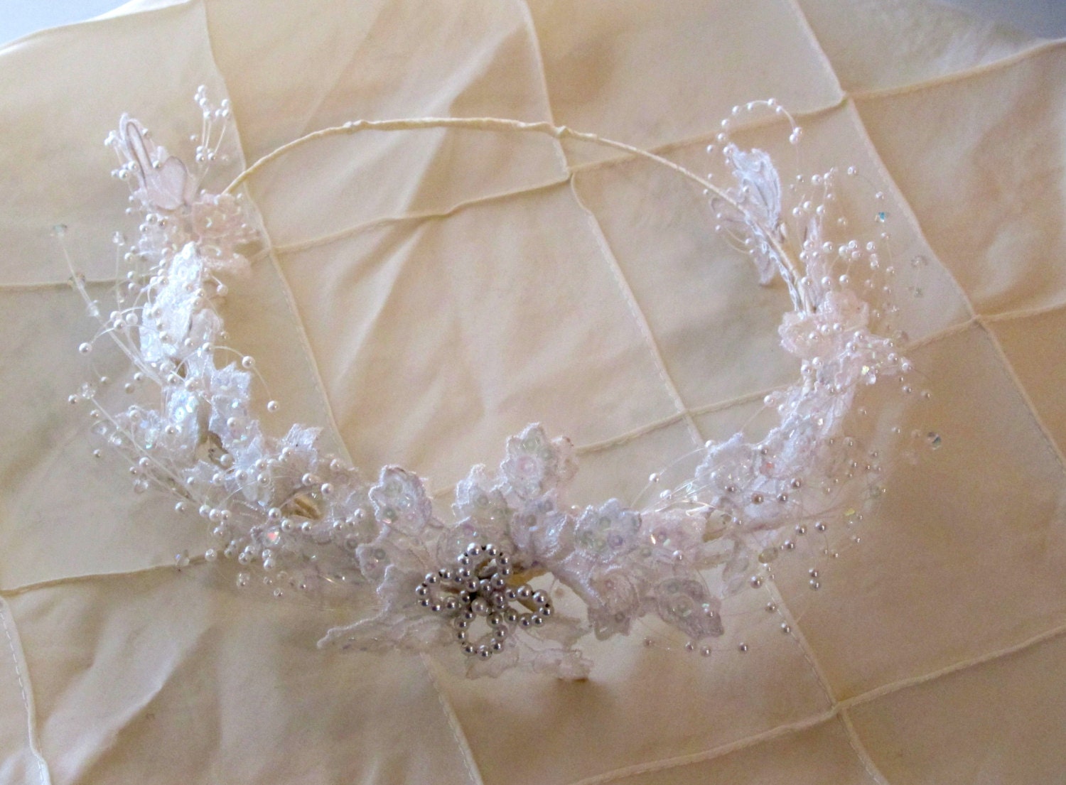 Vintage 1980s Bridal Hair Wreath, Tiara, Pearl Beads, Sequins and Applique Cream Ivory Color