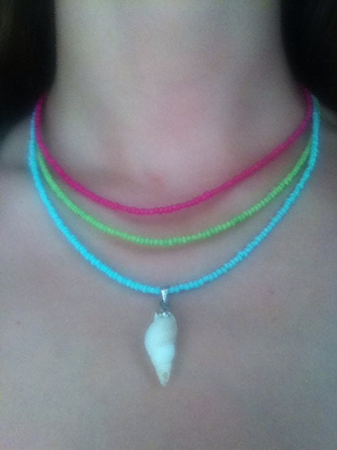 White Gold Moon & Star Shell Pendant on Colorful Triple strand Glass Beading