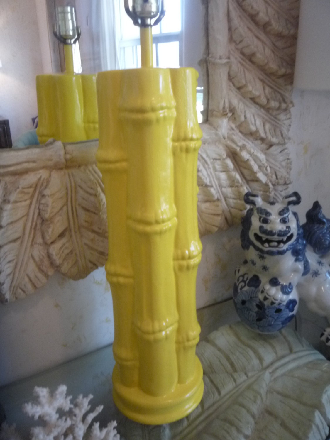 Vintage Faux Bamboo Yellow Table Lamp Hollywood Regency Mid Century Modern Palm Beach