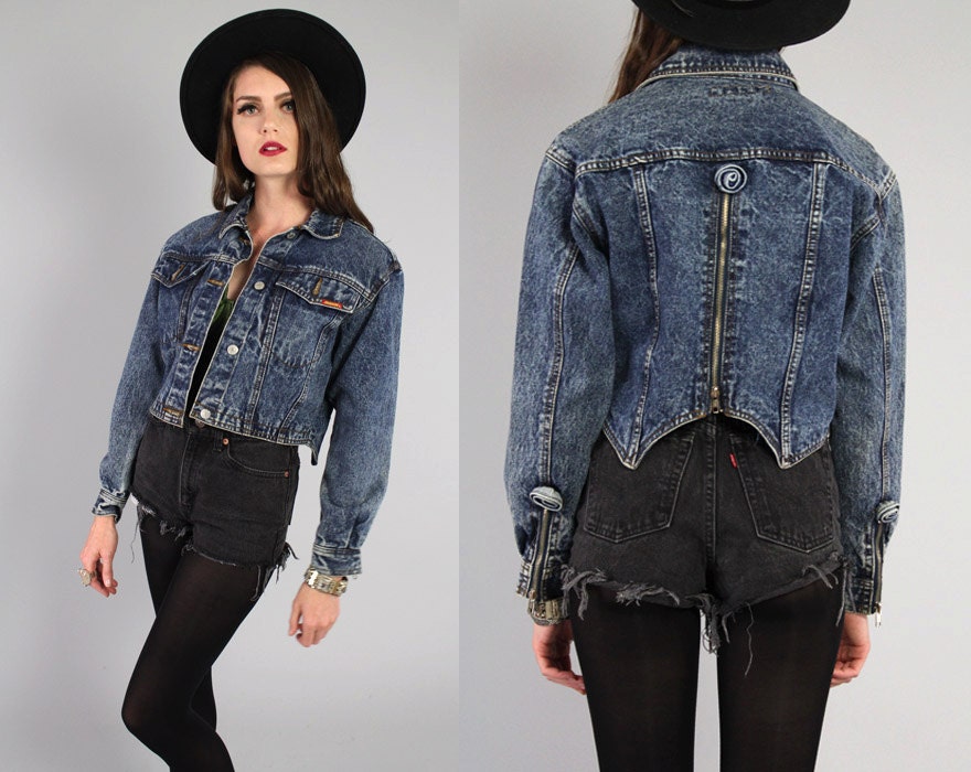Vtg 90s Acid Stone Wash Denim Grunge Zipper Jacket S-M