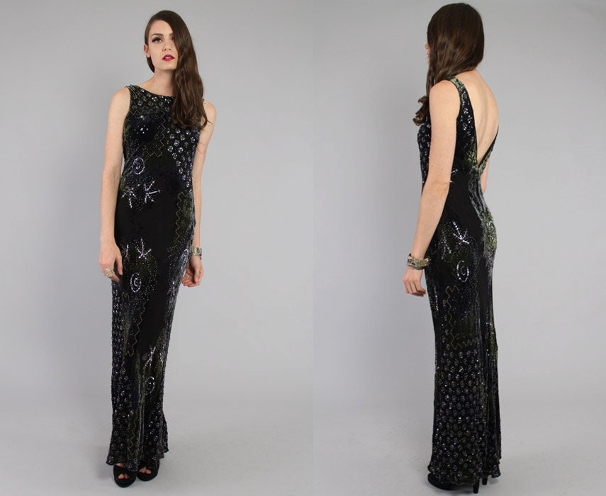 Vtg 80s Black Silk Beaded Mermaid Maxi Dress S-M