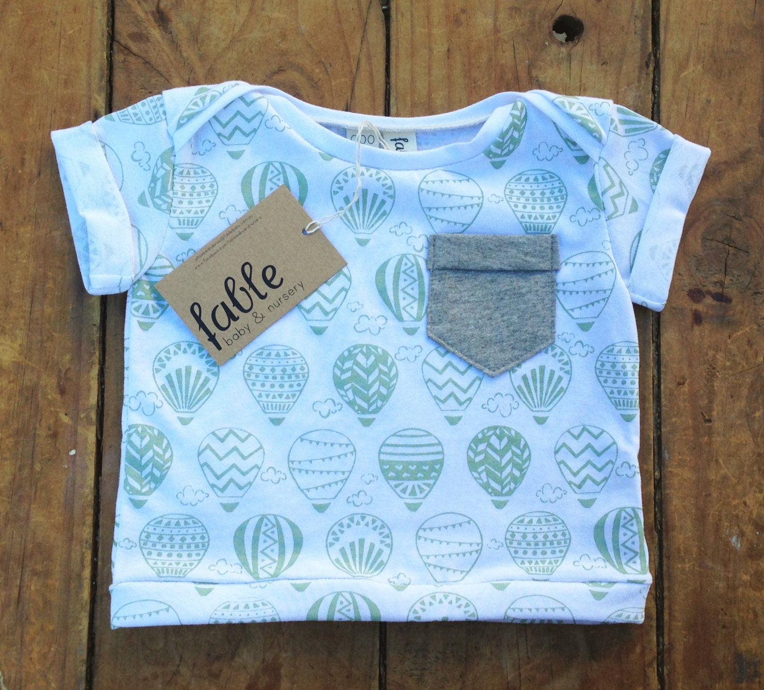 Organic Cotton Hand Printed Baby Summer Tee - Green Balloons on White