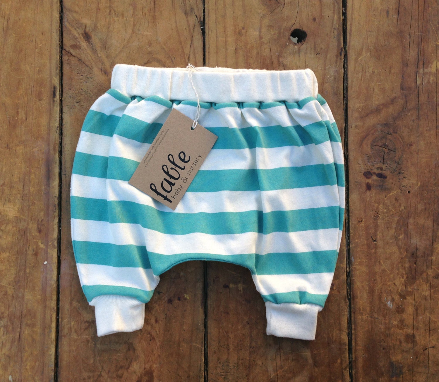 Organic Cotton Striped Slouch Pants - Turquoise on Cream