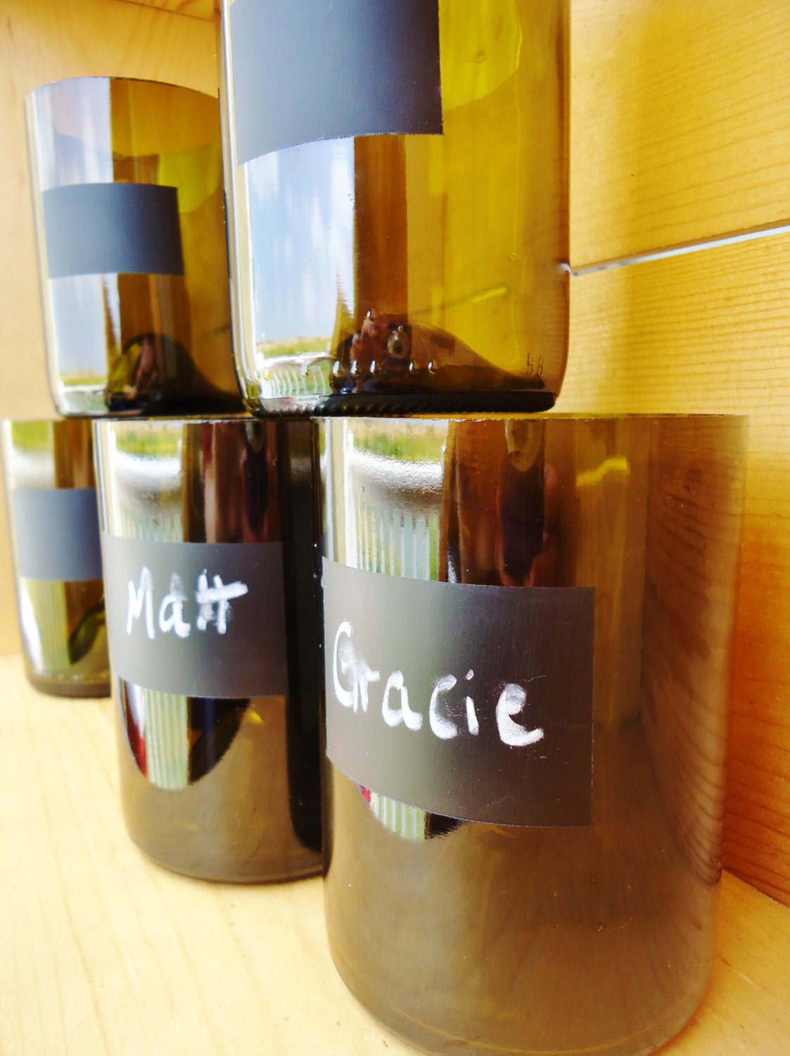 You Name It Chalkboard Recycled Wine Bottle Glasses Olive 12 oz  Set of 6