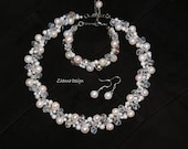 Bridal Crochet Jewelry Set(necklace,bracelet,earrings) with white freshwater pearls,swarovski crystals,glass beads handmade by Zhanna Design