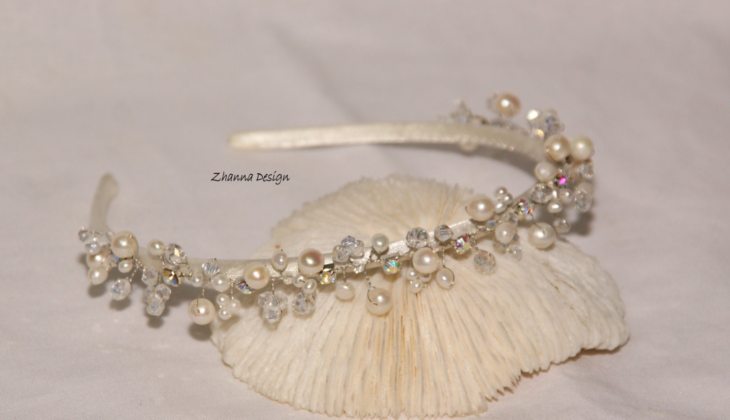 White bridal headpiece with freshwater pearls and crystals,rhinestone hair accessories,tiara headband handmade by Zhanna Design.