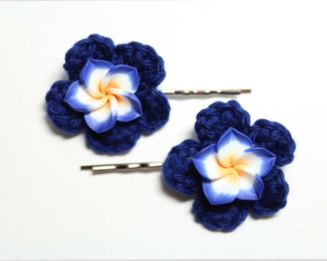 Blue plumeria bobby pins. Flower hair accessories. Blue crochet hair pins.