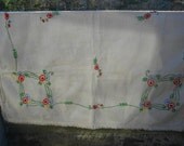 Hand Embroidered Tablecloth - Vintage Cotton - Square - Linens - Floral - 33 1/2 x 38