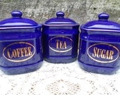 Blue Ceramic Canisters - Tea - Coffee - Sugar - Gold - Housewares - Kitchen