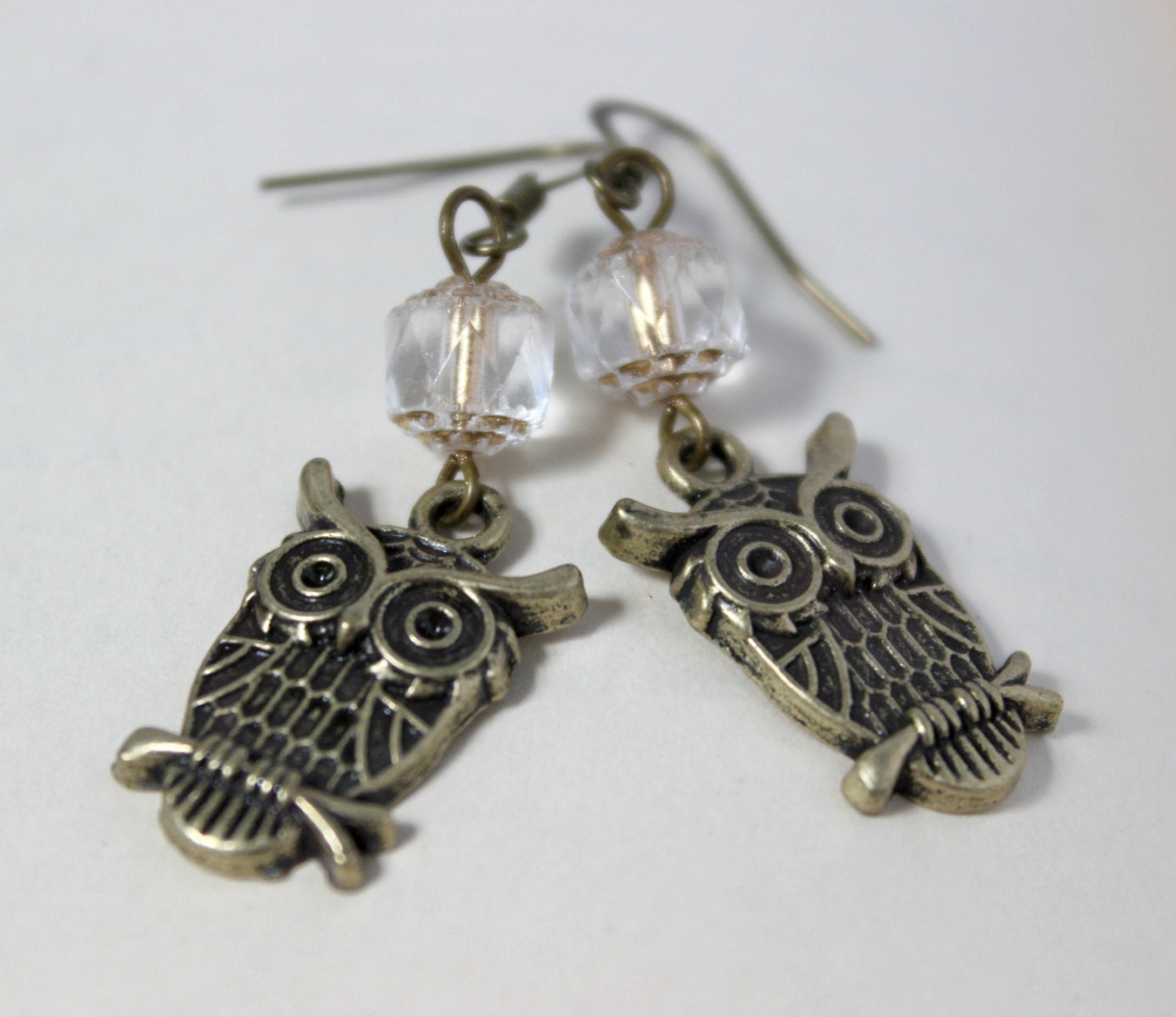 Antiqued Gold and Clear Cathedral Beaded Dangle Owl Earrings - Handmade Jewelry - Ready to Ship