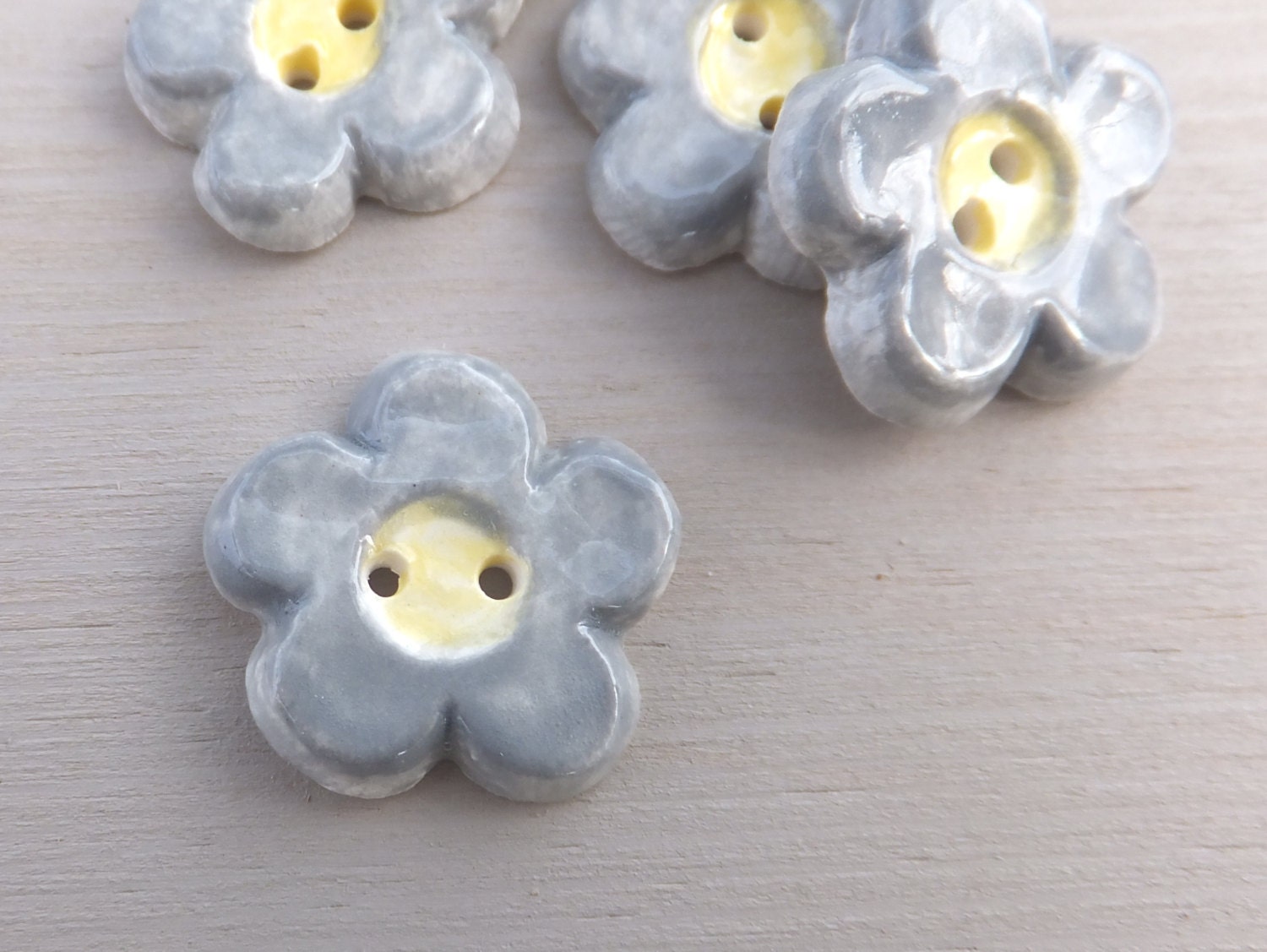 Grey buttons handmade ceramic flower flat back buttons grey and yellow