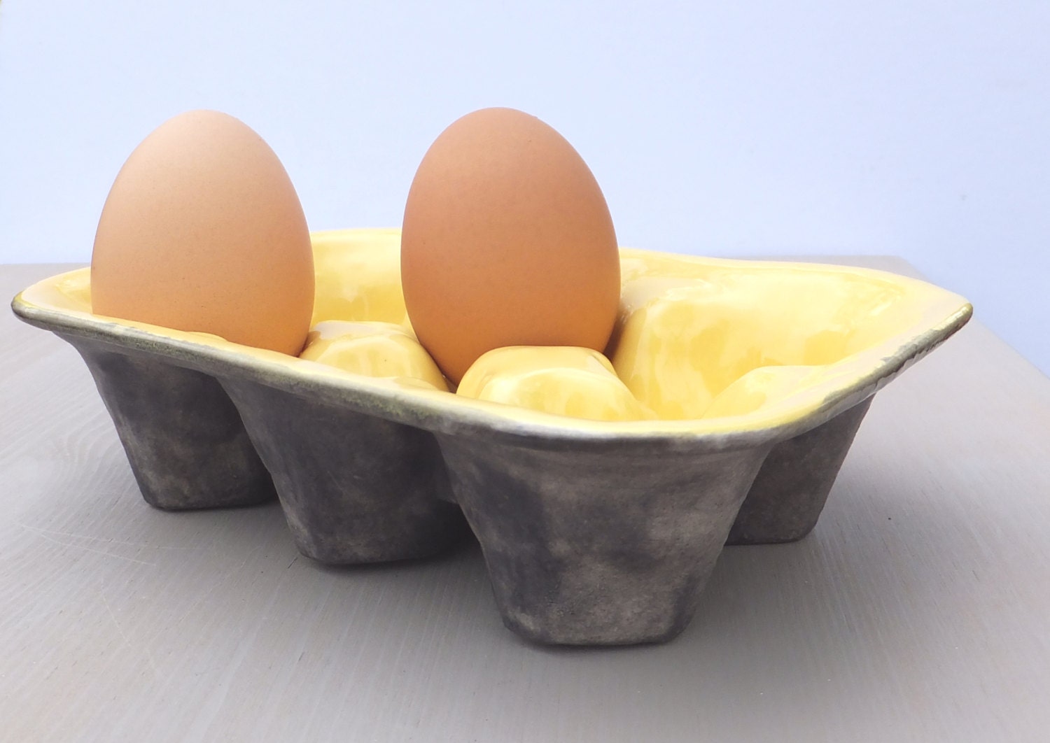 Egg tray, two tone ceramic egg box egg carton holder yellow and grey gray baking pottery kitchenware