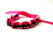 Black and Pink Ribbon Woven Bracelet, 3 Black Beads Woven, Modern Bracelet, OOAK