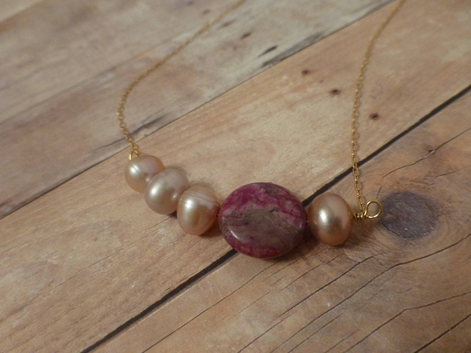 Pink Pearl & Raspberry Stone Necklace - Simple, Delicate, Dainty, Tiny Gold Bar Necklace