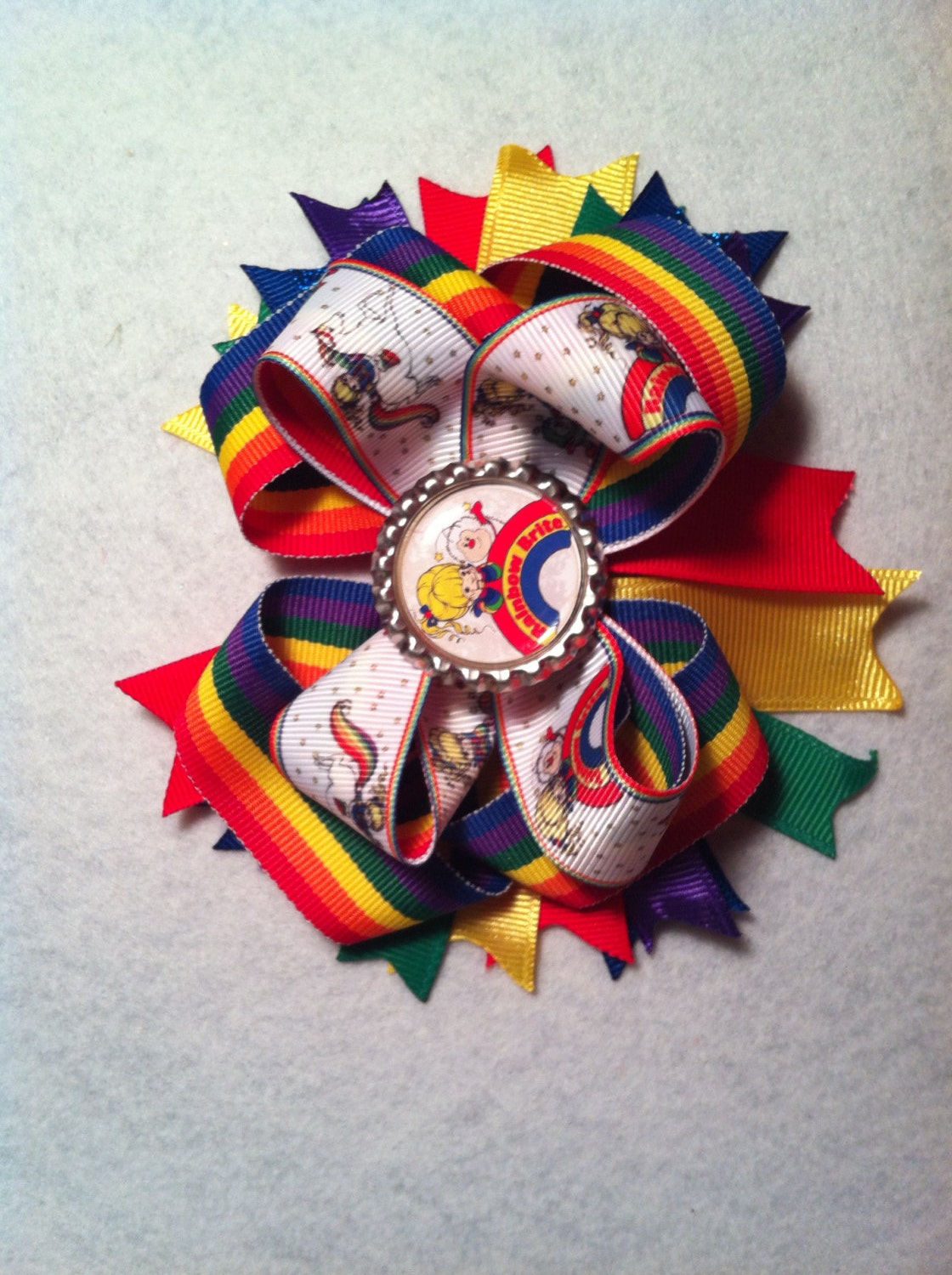 Handmade Rainbow Brite retro Inspired Hair Bow Barrette clip bottle cap custom bright