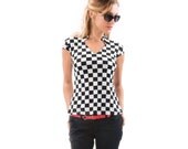 Black and White T Shirt, Summer Shirt, Squares Woman Top, Slots Top, Colors: white- Red Floral, Black-White, Floral-Powder