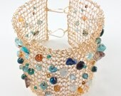 Knitted Wire Bracelet - Gold Wire with Turquoise, Blue & Green Gemstones and Crystals - Peacock colours