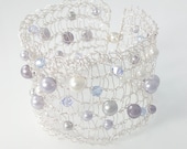 Knitted Wire Bracelet - Silver Wire with Light Purple Shades - Lilac, Lavender and Mauve Swarovski Crystals and Pearls