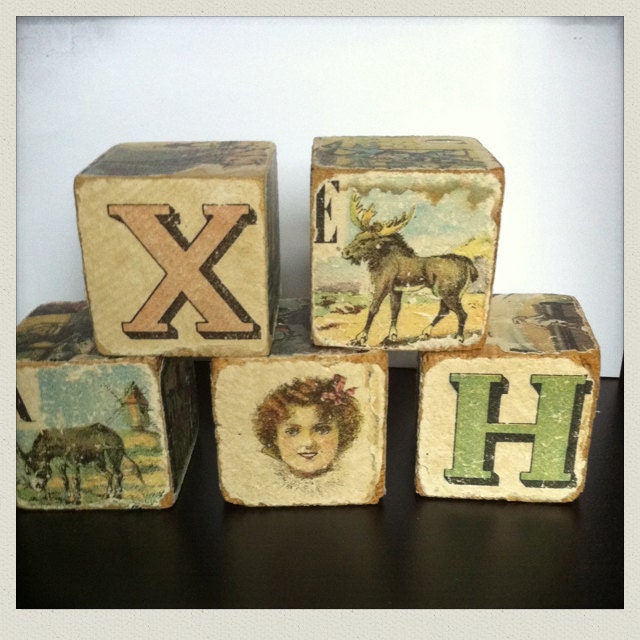 ALPHABET BLOCKS Cubes Alphabetiques - Set of 5 Antique Wooden Blocks, Use for crafts, display, photo props, collectible.