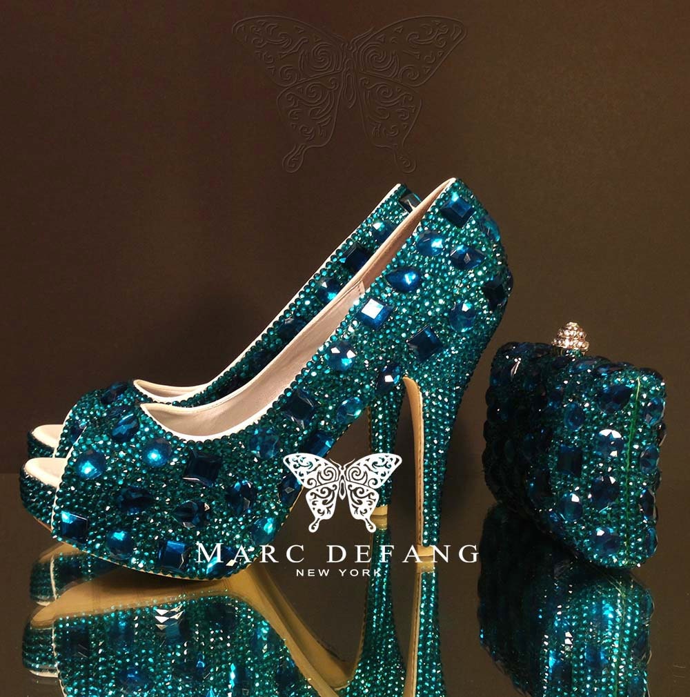 Peacock Blue Crystal Snow Diamond Frost Luxury Heels & Purse Set