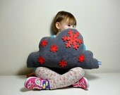 Christmas Snowflakes Cloud Pillow Cushion - Elephant grey coloured lovely soft fleece - with Bright Red Snowflakes