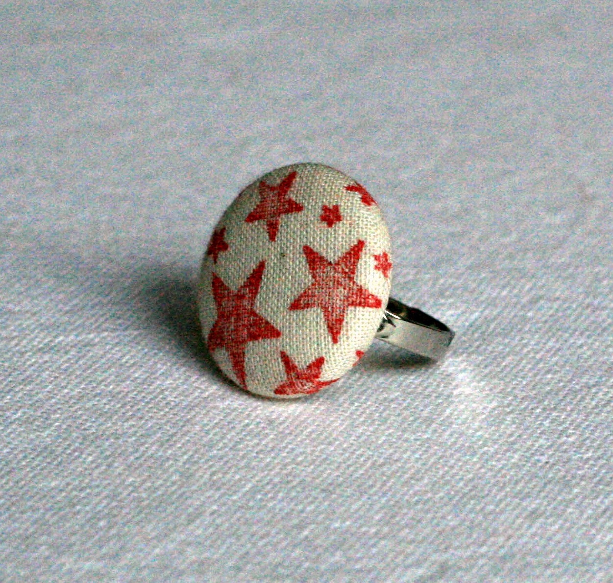 Red Hand Stamped Star Fabric Covered Button Ring