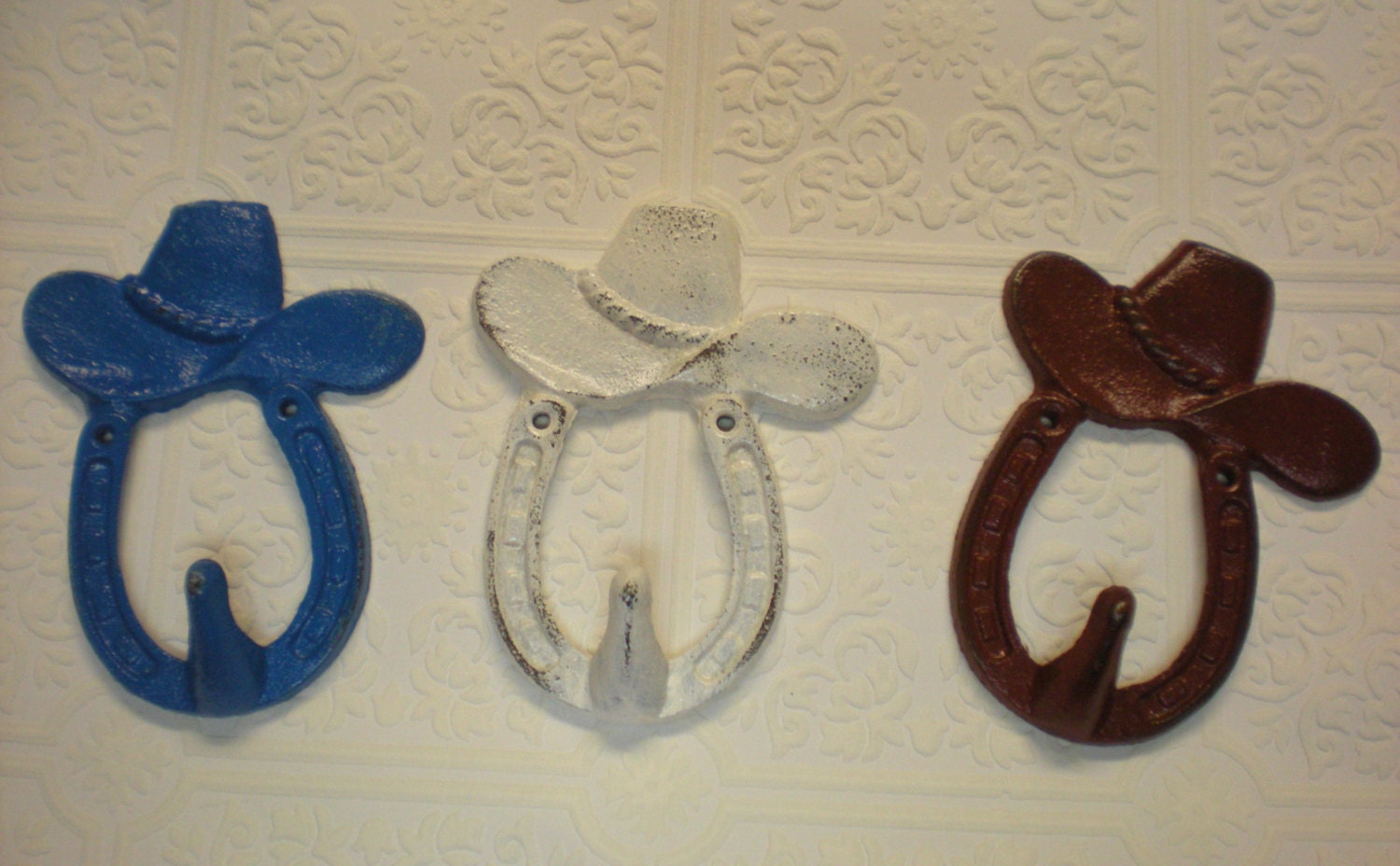 Set of THREE: Cowboy Hat Wall Hook/Pick your Colors/ Horseshoe/ Nursery /Country/ Western / Distressed Cast Iron / Painted/Rustic/Lodge