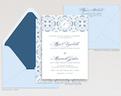 Traditional Wedding Invitation, Wedding Invite, Vintage Tile Invite, Blue and White Wedding Invitation