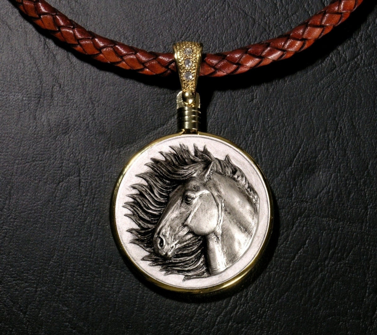 Wild Mustang Original Equine Art Medallion in Antique Silver Finish with 6mm Antique Tan Braided Leather Cord with Gift Box and COA