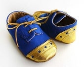 Baby Shoes Boy or Girl Royal Blue Canvas with Brogued Gold Leather Crib shoes