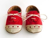 Baby Girl Shoes Red Canvas with Brogued Leather Crib Shoes