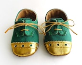 Baby Shoes Boy or Girl Green Canvas with Gold Brogued Leather Crib Shoes