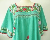 Mexican Embroidered Blouse 3/4 Sleeve Top In Green