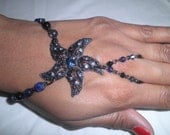 Black Beaded Starfish Slave Cuff Bracelet with Silver Metal Chain Ring Hand Bracelet Fashion Jewelry
