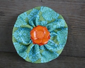 Blue green, Damask hairclip, Grosgrain ribbon, hair accessory, ribbon hair clip,pinwheel flower, flower broach, childens hair accessory