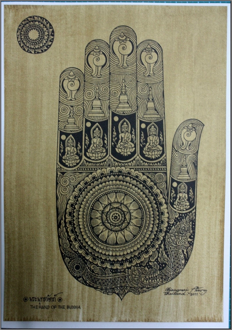 Thai traditional art of Hand Of The Buddha by silkscreen printing on sepia paper