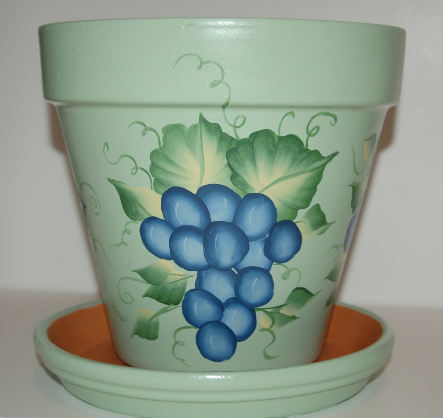 Hand Painted clay flower pot One Stroke Grapes design 8 inches tall